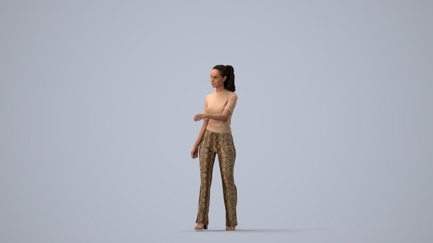 realistic 3D human woman casual door, archviz people FBX OBJ for Blender, three-quarter view render