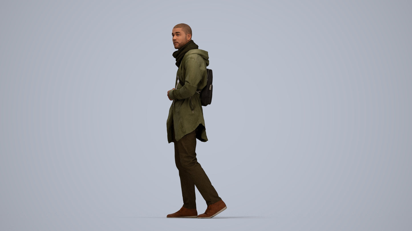 realistic 3D man casual walking, scanned archviz people for Blender and 3ds Max, top-down view render