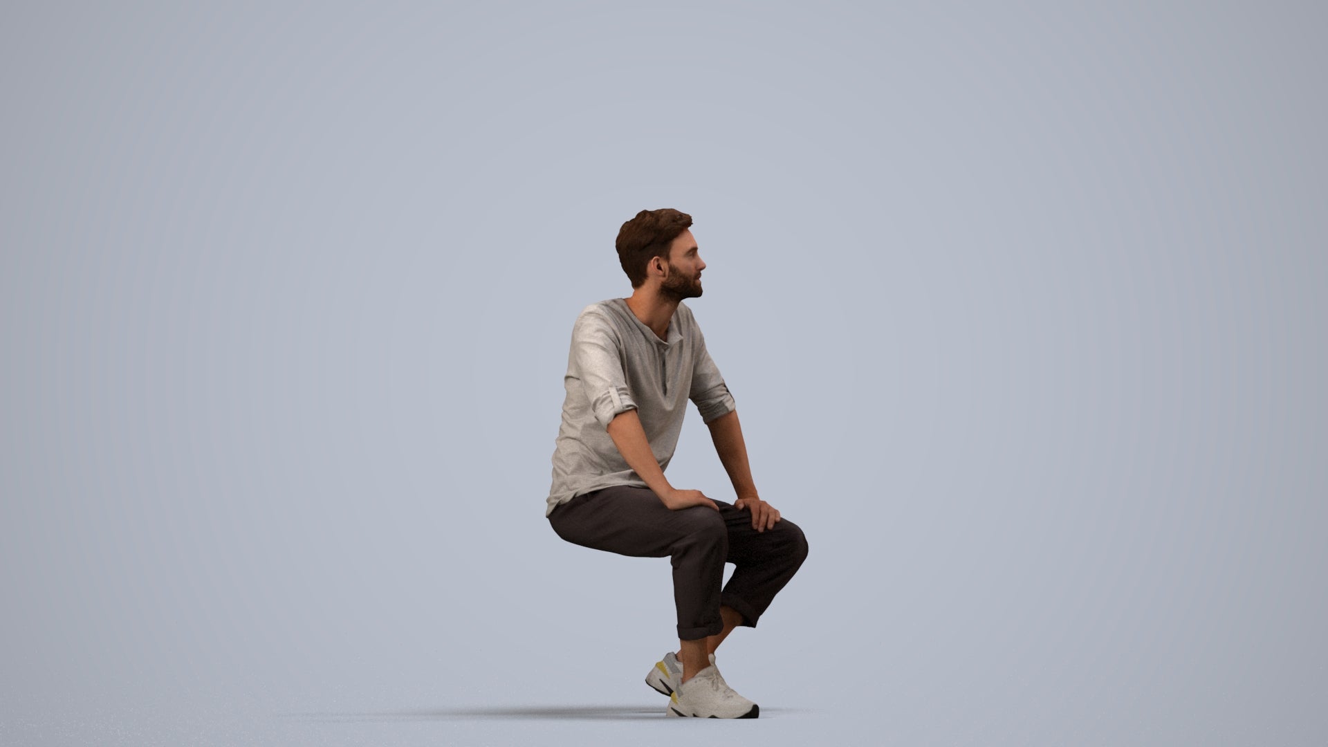 3D human model man casual sitting, photogrammetry scanned person for archviz, side view render