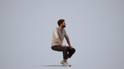 3D human model man casual sitting, photogrammetry scanned person for archviz, side view render