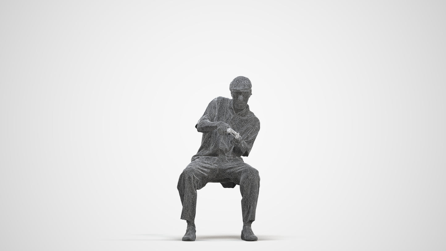 3D human model man casual sitting, photogrammetry scanned person for archviz, three-quarter front view render