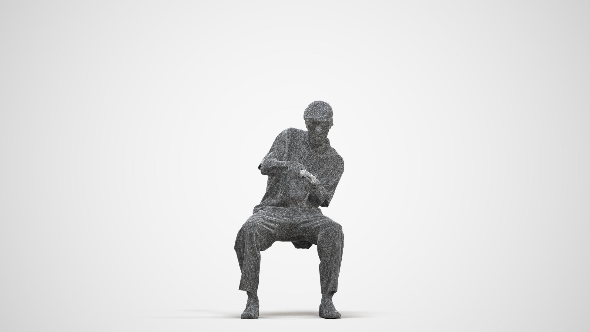 3D human model man casual sitting, photogrammetry scanned person for archviz, three-quarter front view render