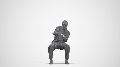 3D human model man casual sitting, photogrammetry scanned person for archviz, three-quarter front view render
