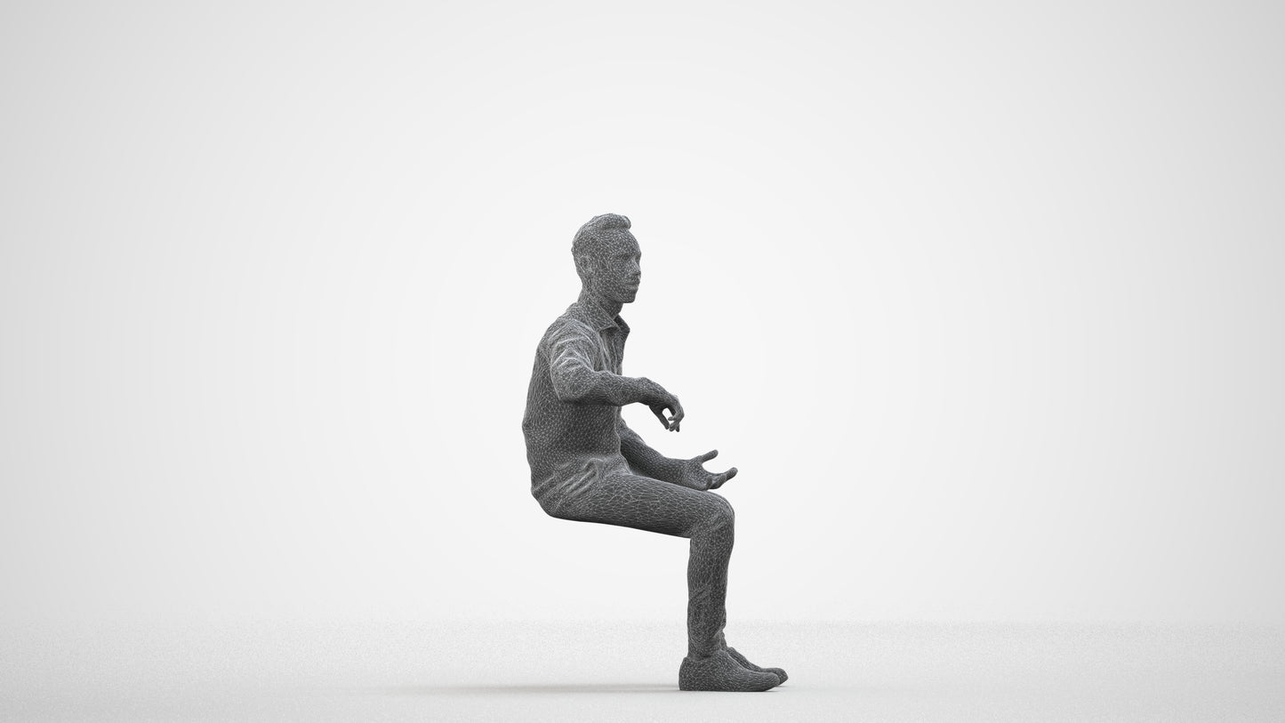 realistic 3D man business sitting, scanned archviz people for Blender and 3ds Max, wireframe side view