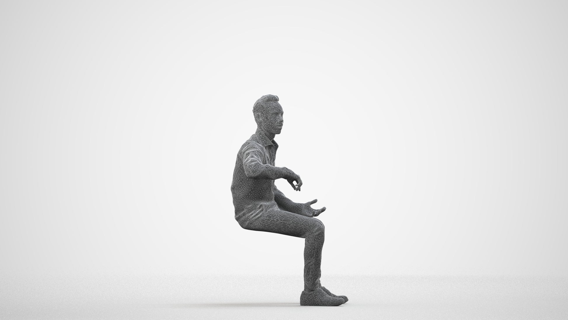 realistic 3D man business sitting, scanned archviz people for Blender and 3ds Max, wireframe side view