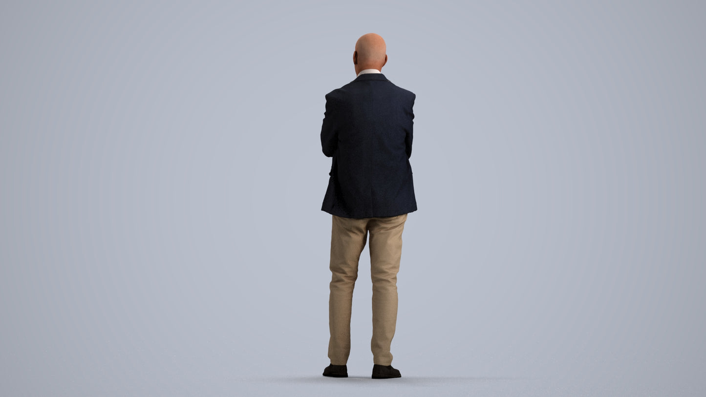 3D human model senior man business, photogrammetry scanned person for archviz, front view render