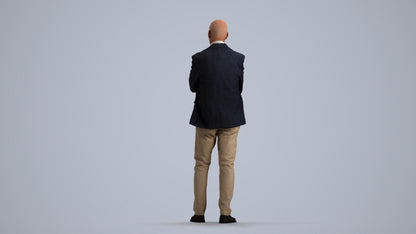 3D human model senior man business, photogrammetry scanned person for archviz, front view render