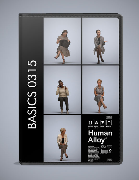 realistic 3D people sitting set, 5 render-ready models for V-Ray and Corona