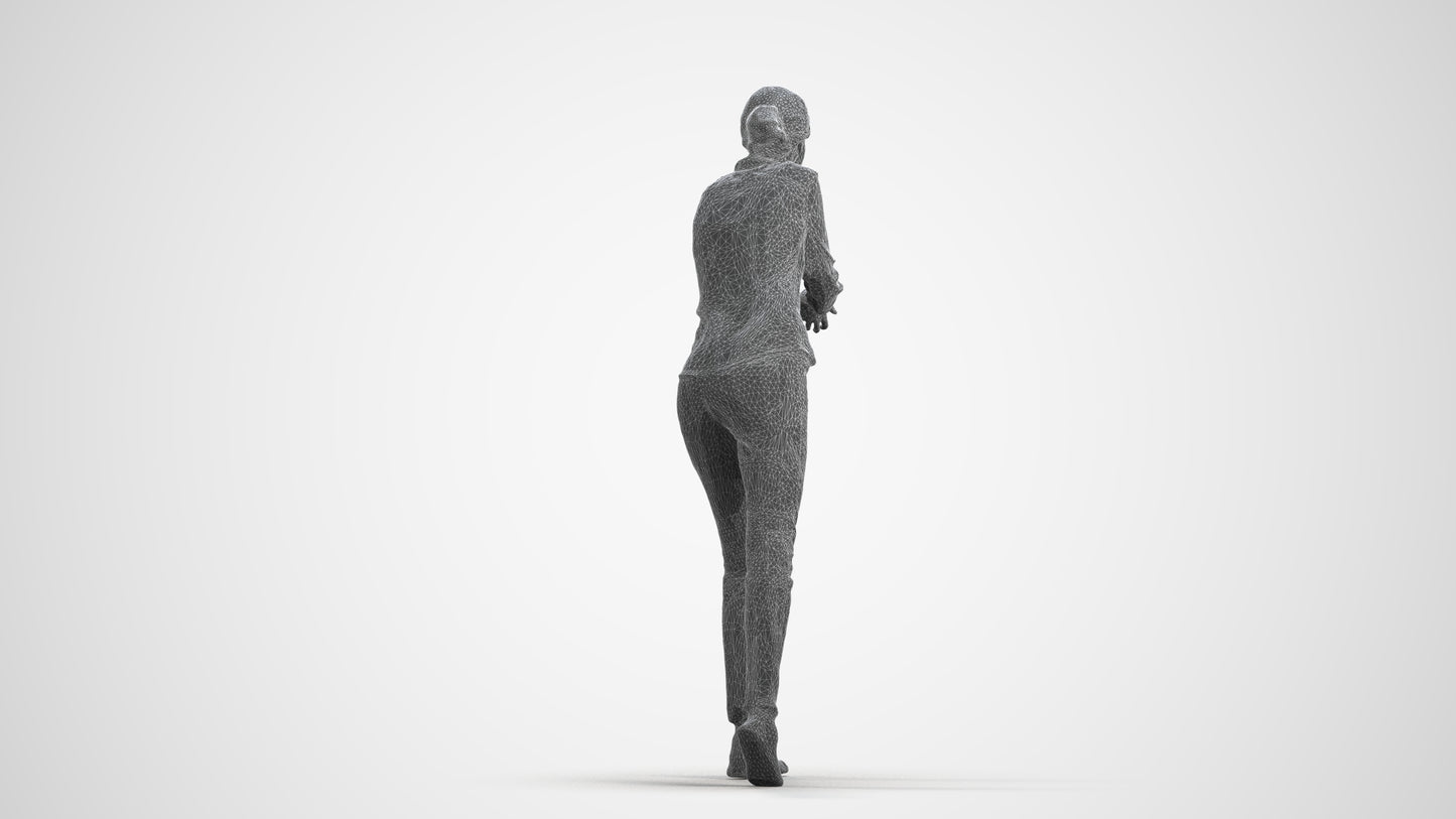 3D human model woman casual standing, photogrammetry scanned person for archviz, wireframe front view