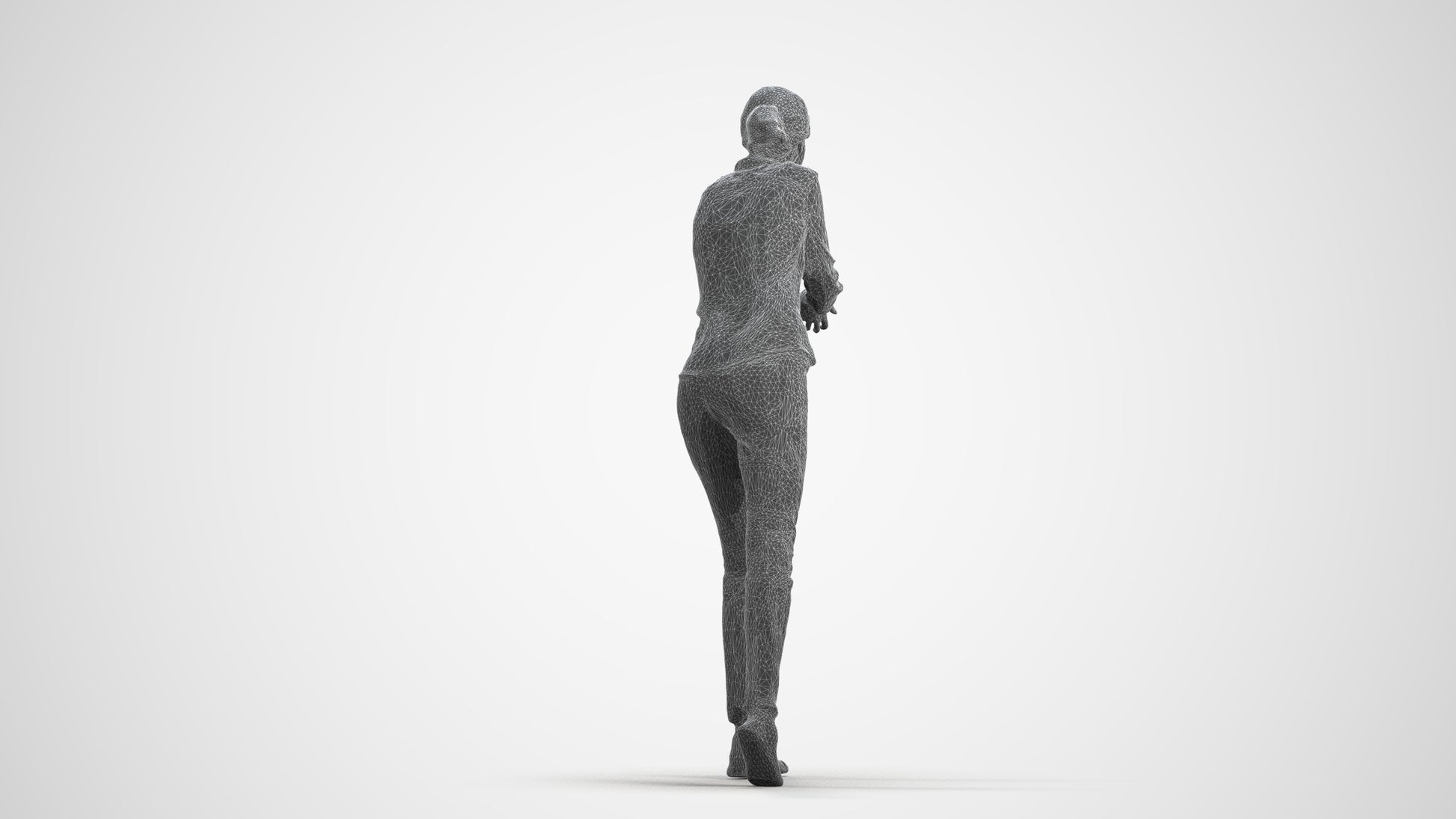 3D human model woman casual standing, photogrammetry scanned person for archviz, wireframe front view