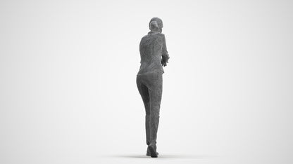 3D human model woman casual standing, photogrammetry scanned person for archviz, wireframe front view