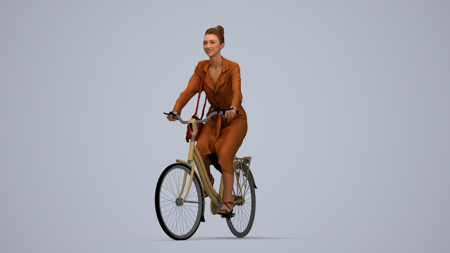 realistic 3D woman casual cycling, scanned archviz people for Blender and 3ds Max, top-down view render