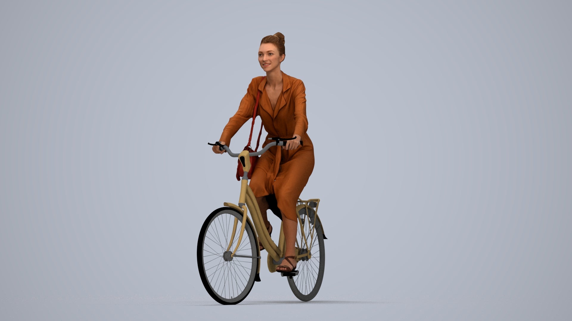 realistic 3D woman casual cycling, scanned archviz people for Blender and 3ds Max, top-down view render