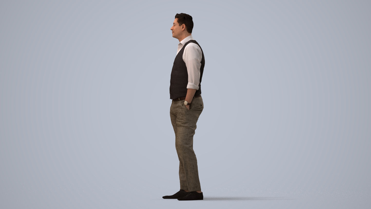 3D scanned man standing business, photorealistic archviz people for Enscape and SketchUp, three-quarter view render