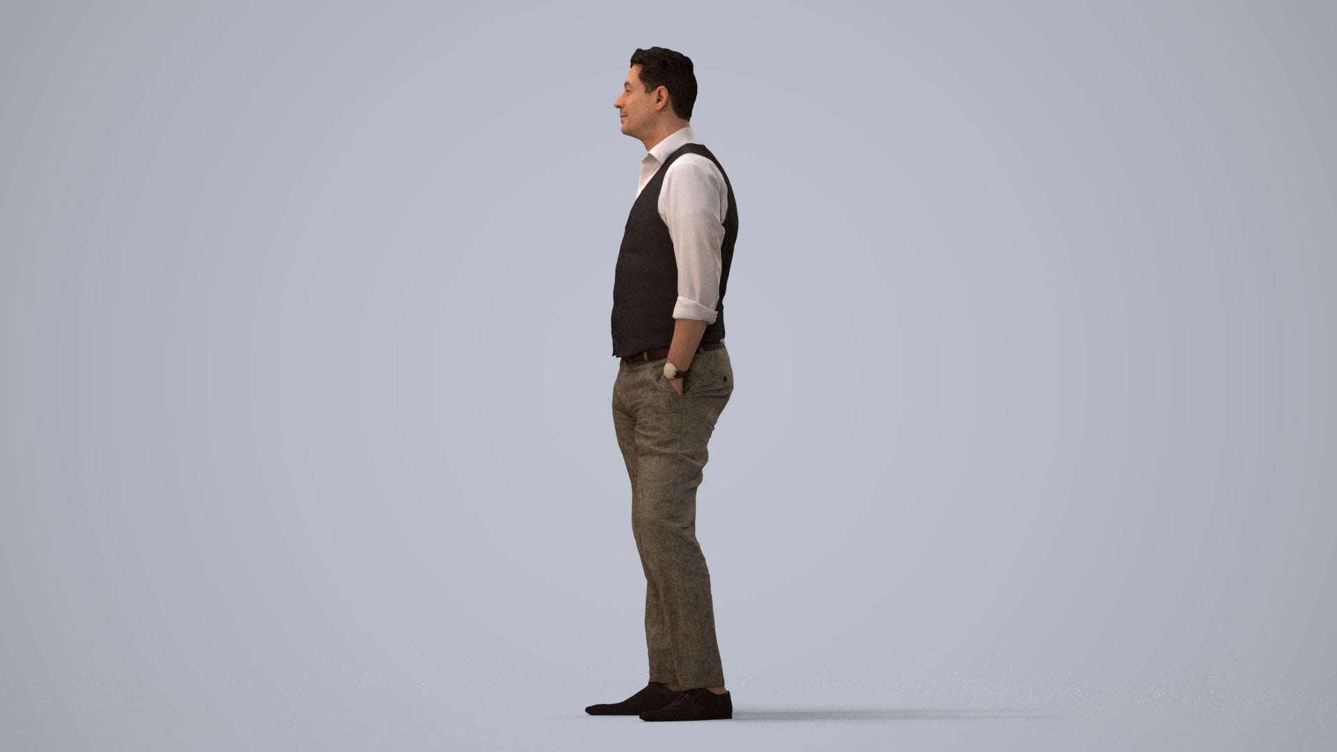 3D scanned man standing business, photorealistic archviz people for Enscape and SketchUp, three-quarter view render