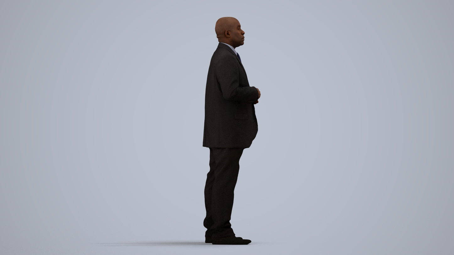 3D human model man business, photogrammetry scanned person for archviz, side view render