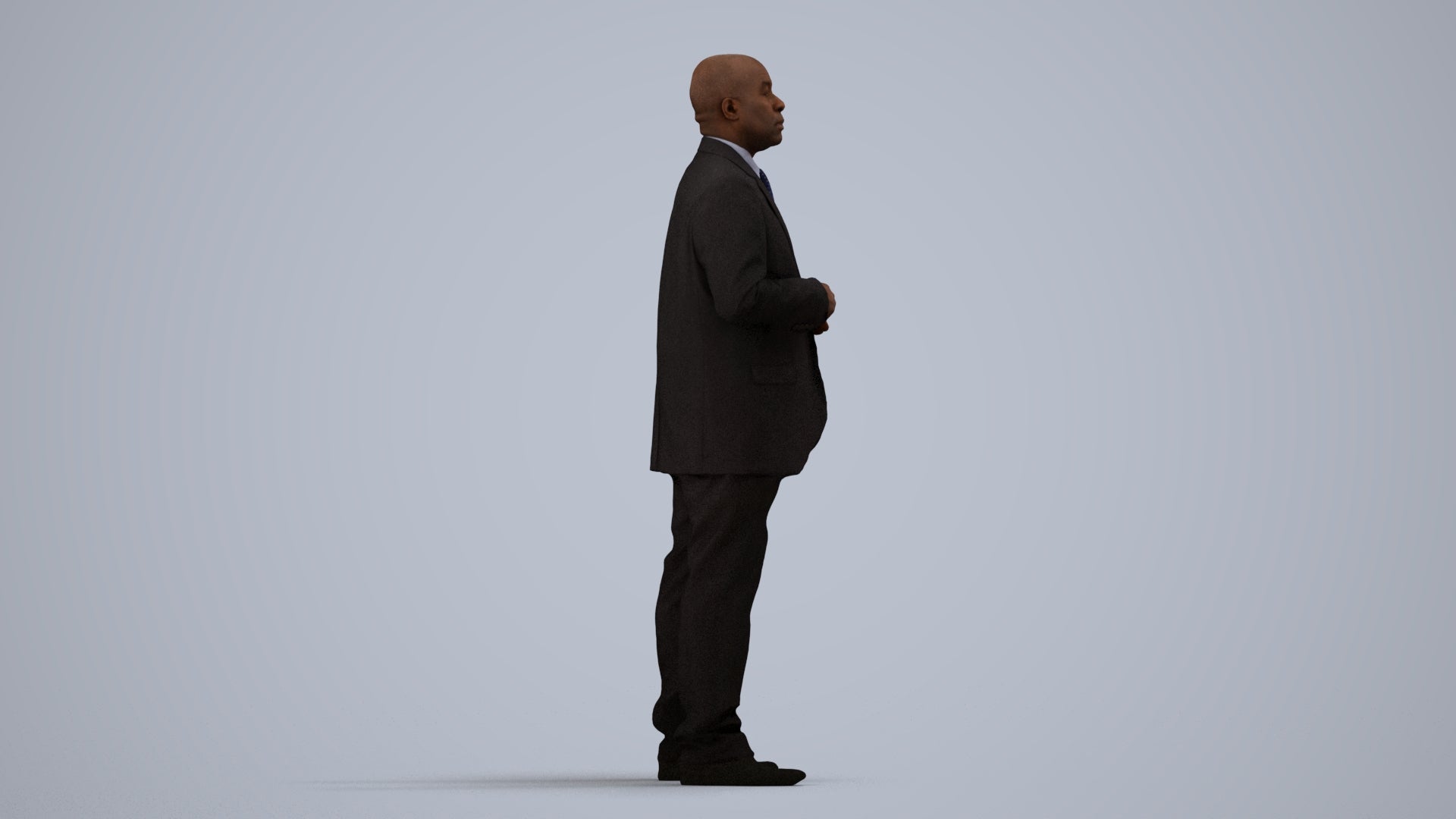 3D human model man business, photogrammetry scanned person for archviz, side view render