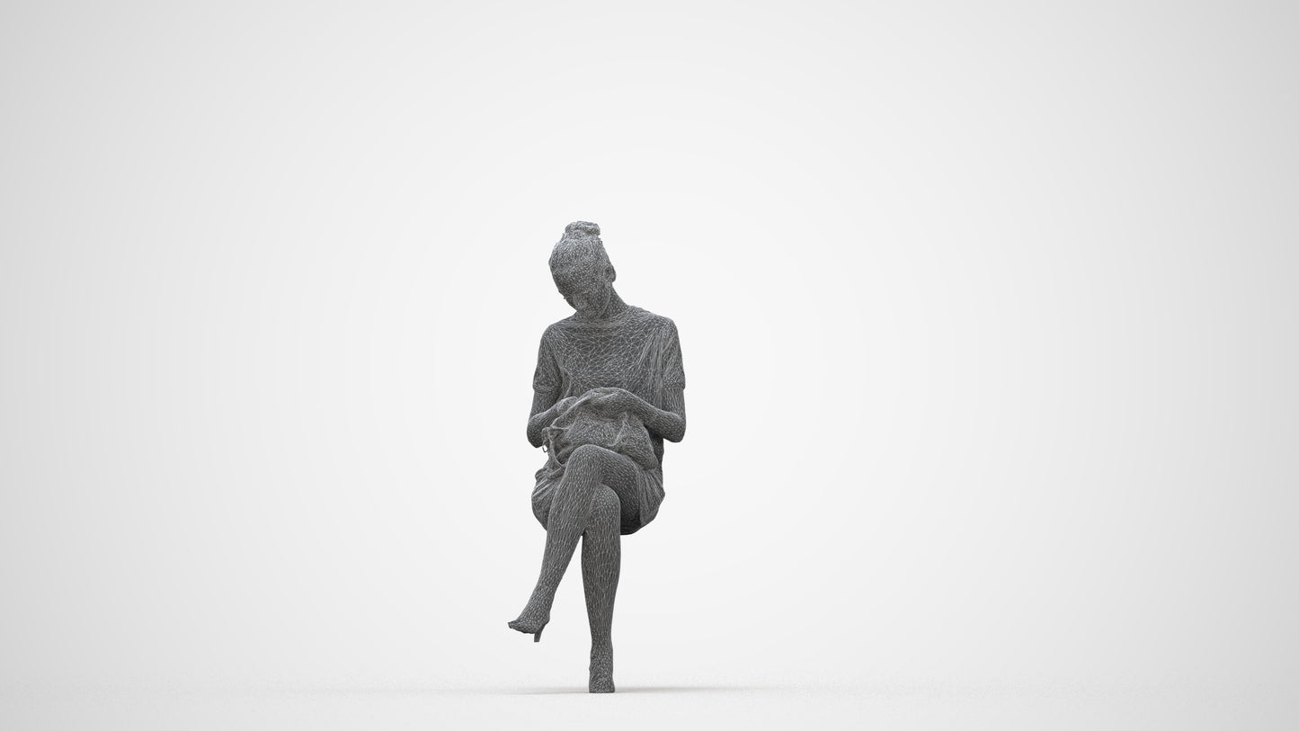 3D scanned woman sitting casual, photorealistic archviz people for Enscape and SketchUp, wireframe back view