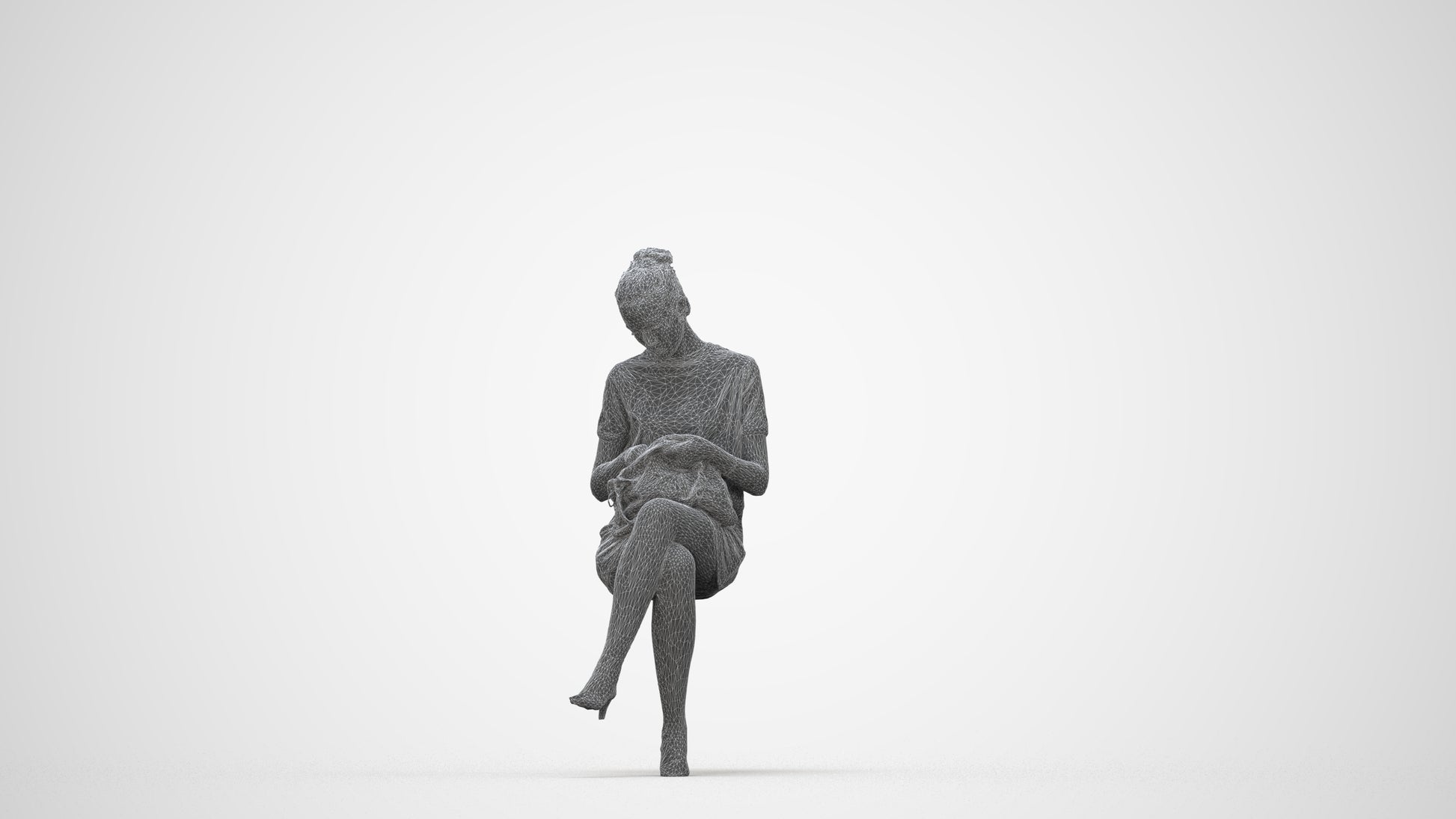 3D scanned woman sitting casual, photorealistic archviz people for Enscape and SketchUp, wireframe back view