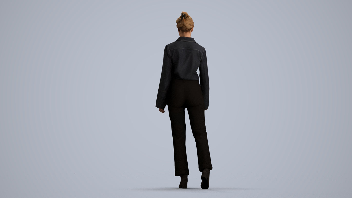 3D human model woman business walking, photogrammetry scanned person for archviz, front view render