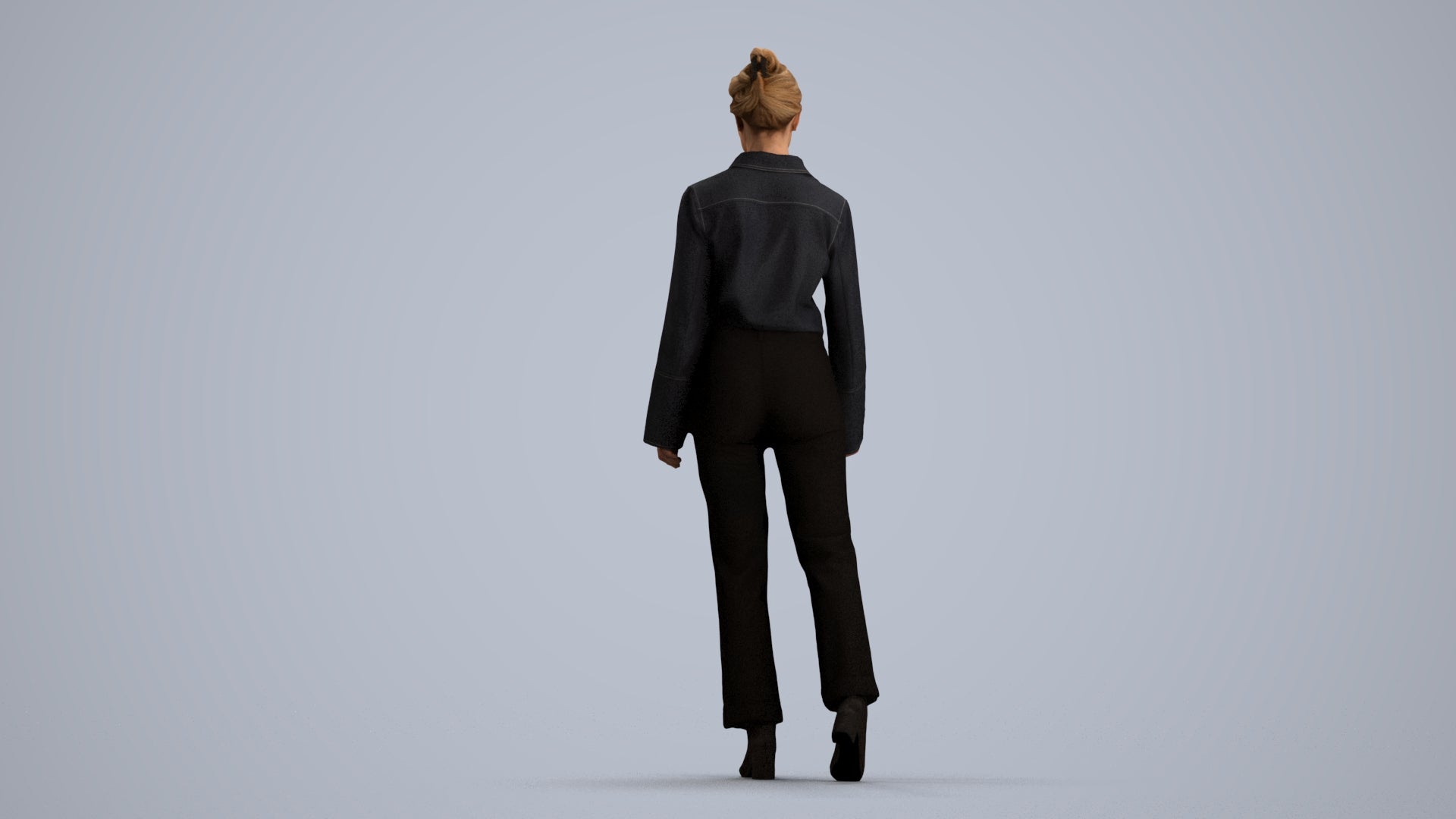 3D human model woman business walking, photogrammetry scanned person for archviz, front view render