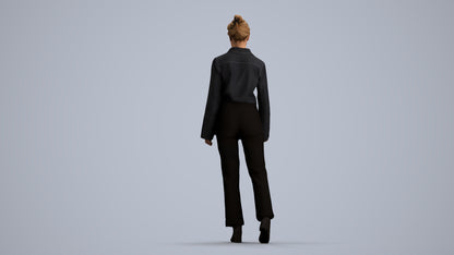 3D human model woman business walking, photogrammetry scanned person for archviz, front view render