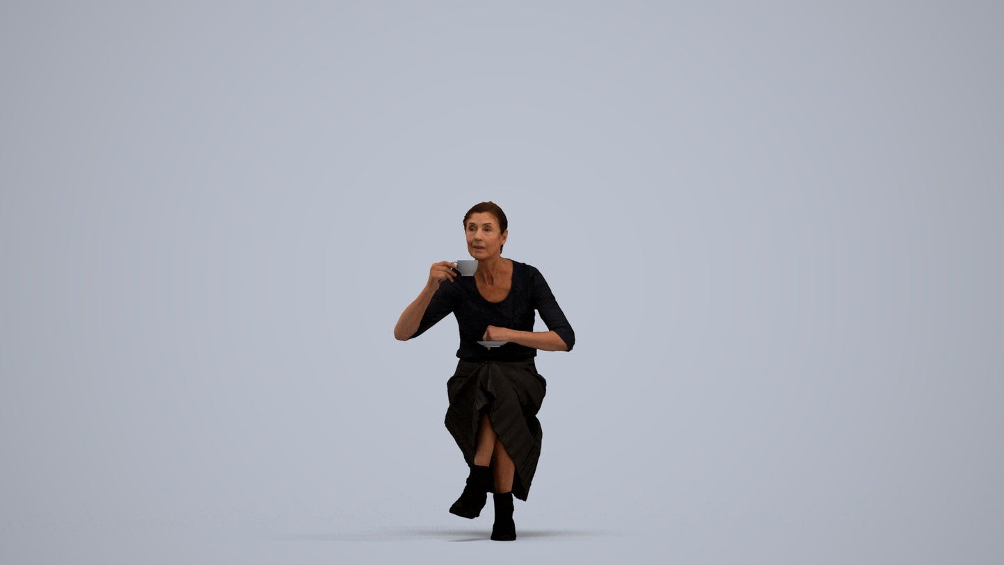 realistic 3D people senior woman casual sitting, render-ready for V-Ray and Corona, FBX OBJ, standing pose render