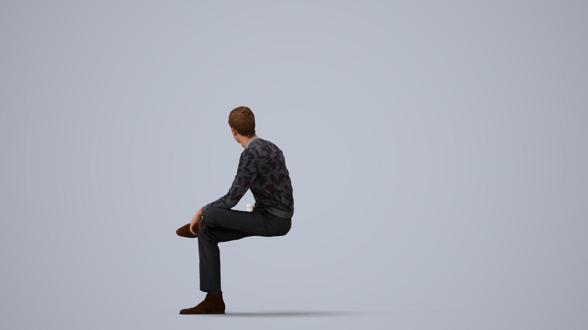 realistic 3D man casual sitting, scanned archviz people for Blender and 3ds Max, three-quarter view render
