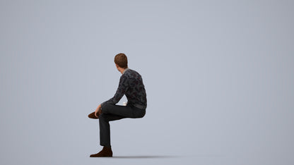 realistic 3D man casual sitting, scanned archviz people for Blender and 3ds Max, three-quarter view render