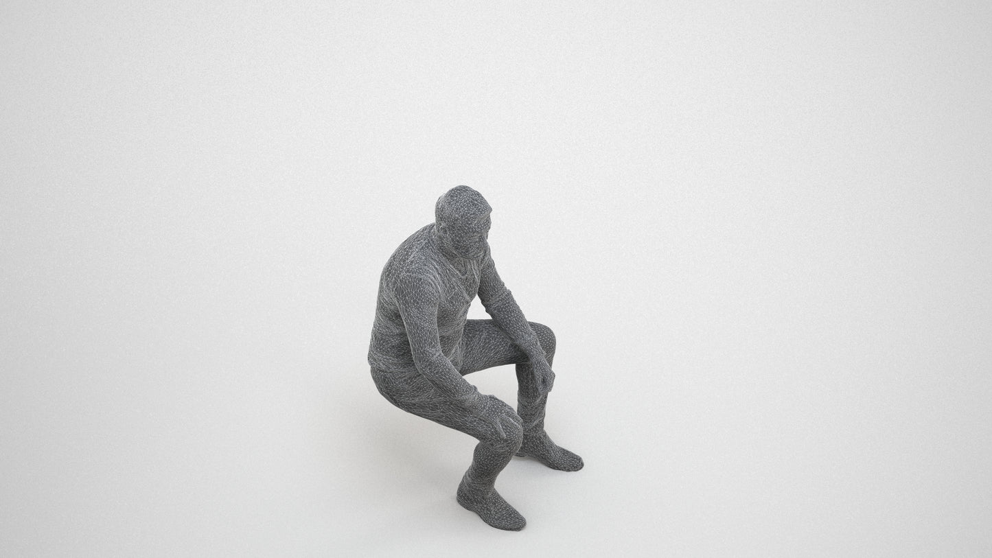3D people model man casual sitting, scanned human for 3ds Max rendering, wireframe three-quarter view