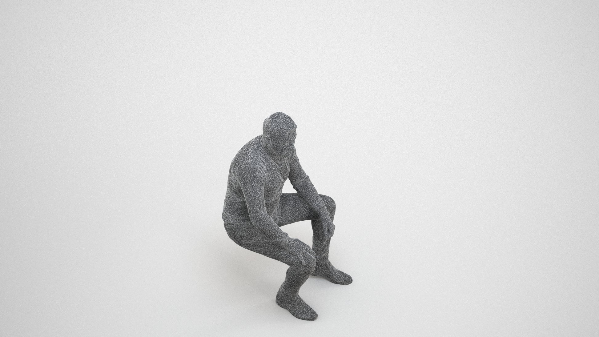 3D people model man casual sitting, scanned human for 3ds Max rendering, wireframe three-quarter view