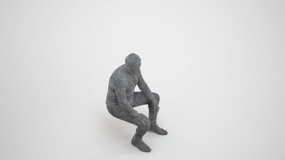 3D people model man casual sitting, scanned human for 3ds Max rendering, wireframe three-quarter view