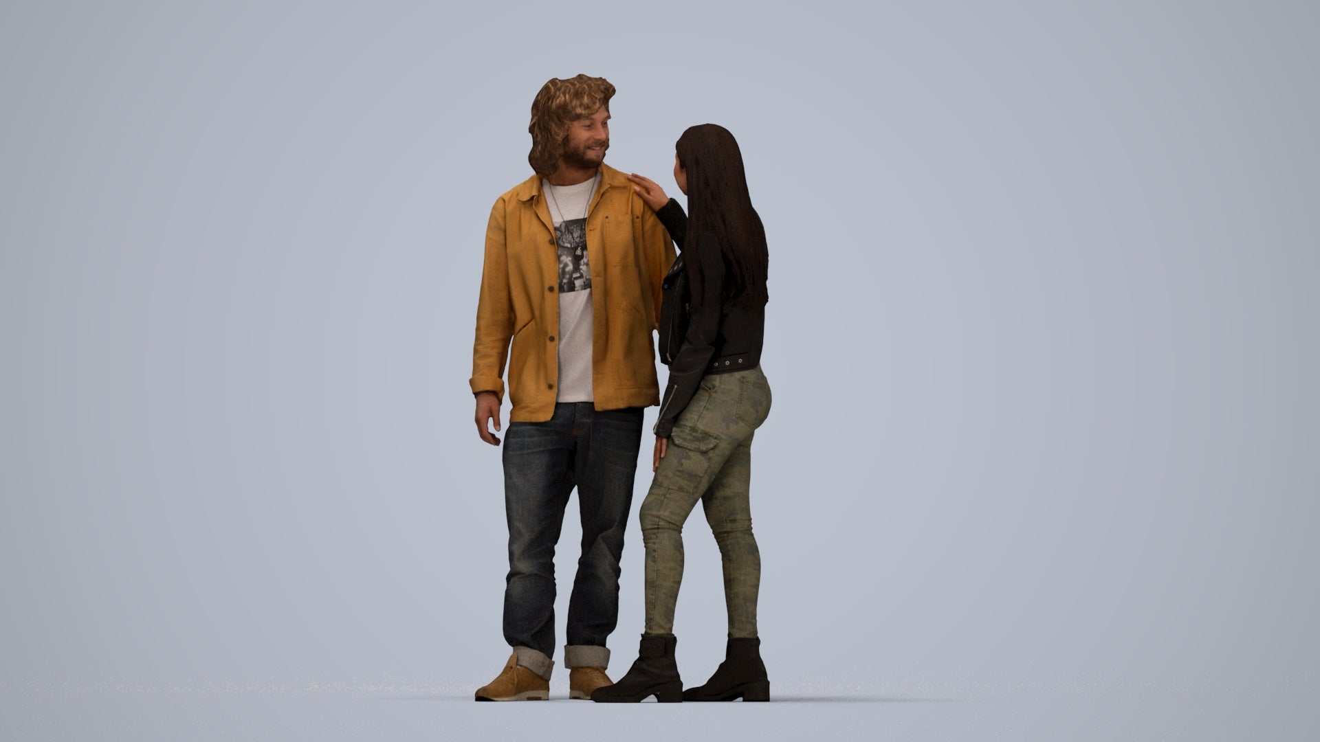 realistic 3D woman casual couple, scanned archviz people for Blender and 3ds Max, top-down view render