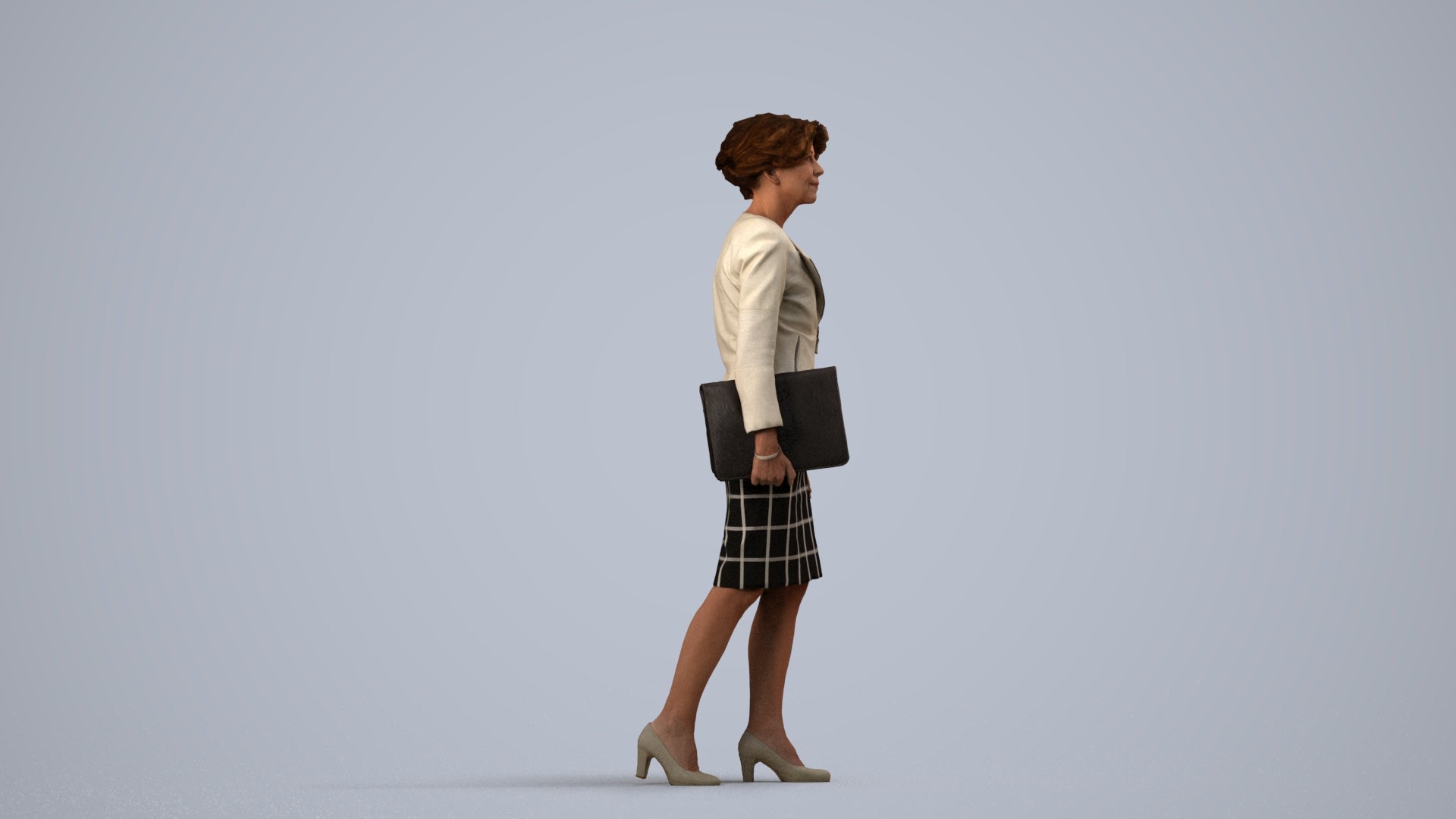 3D scanned woman walking business, photorealistic archviz people for Enscape and SketchUp, side view render