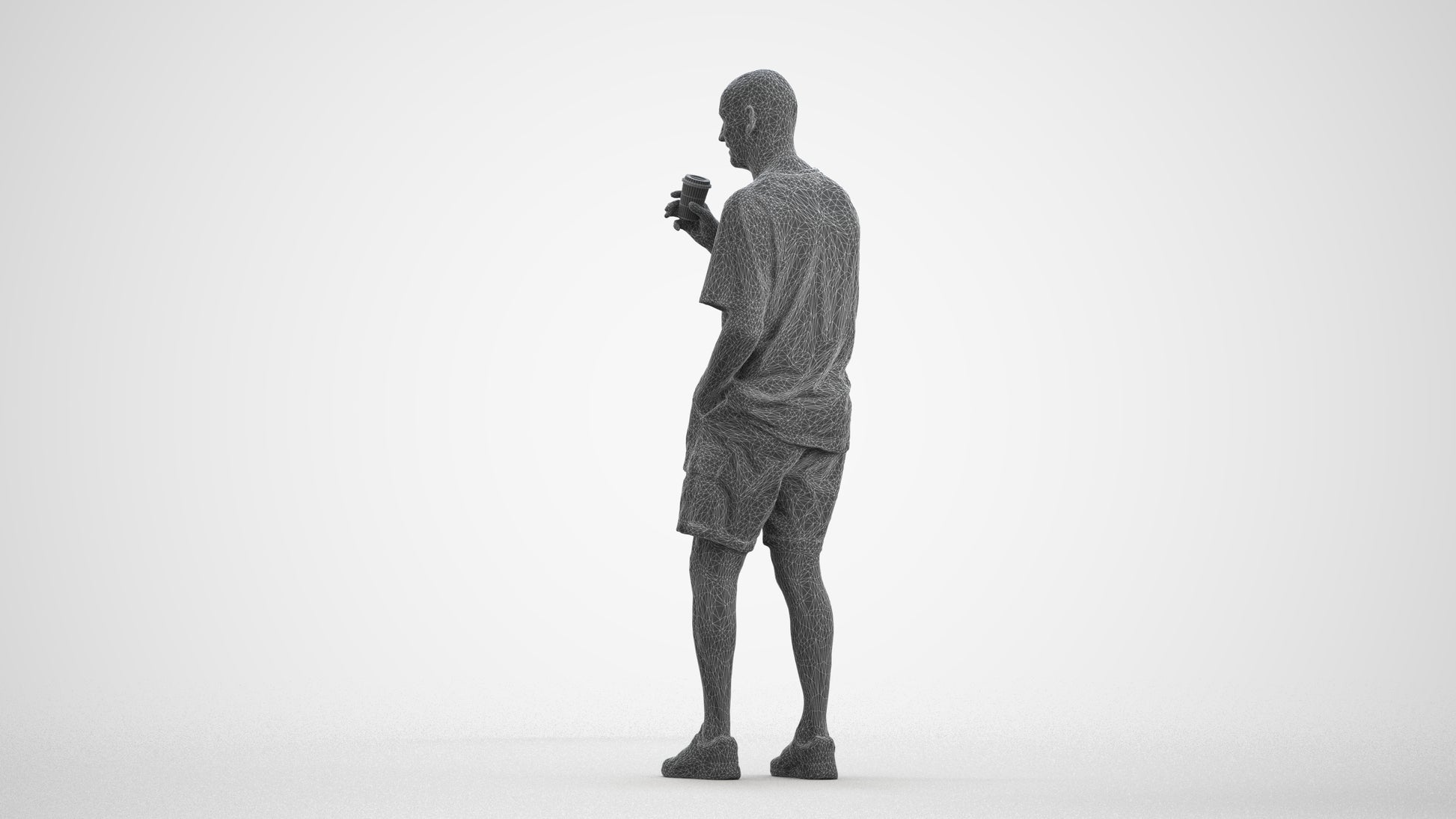 3D human model senior man casual standing, photogrammetry scanned person for archviz, wireframe front view