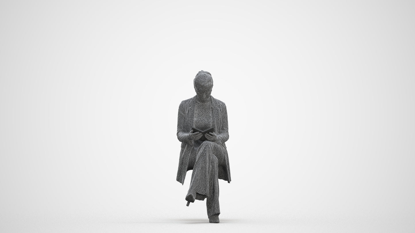 realistic 3D woman business sitting, scanned archviz people for Blender and 3ds Max, three-quarter front view render