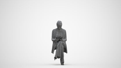 realistic 3D woman business sitting, scanned archviz people for Blender and 3ds Max, three-quarter front view render