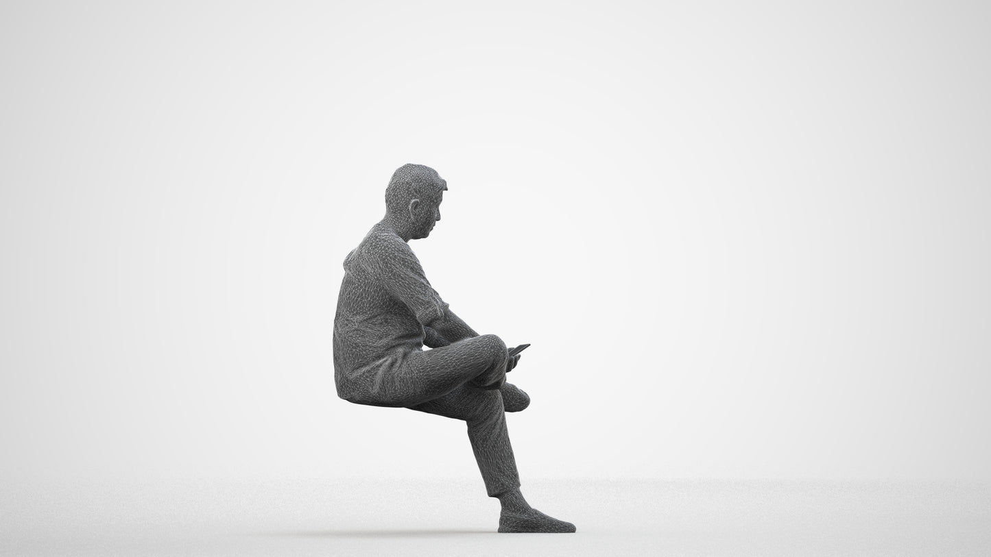 scanned 3D man casual sitting, photogrammetry people for Enscape and V-Ray, wireframe side view