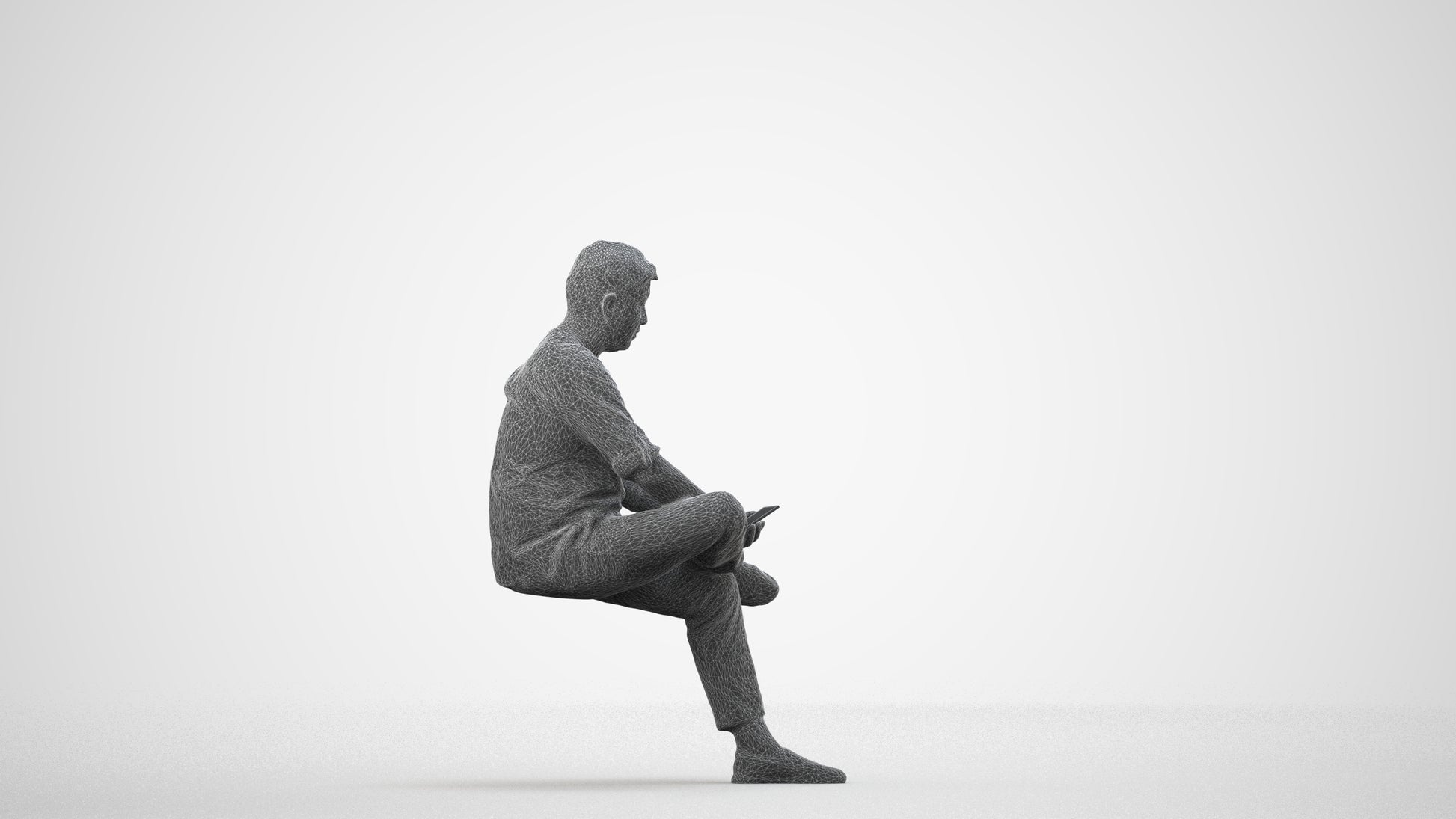 scanned 3D man casual sitting, photogrammetry people for Enscape and V-Ray, wireframe side view