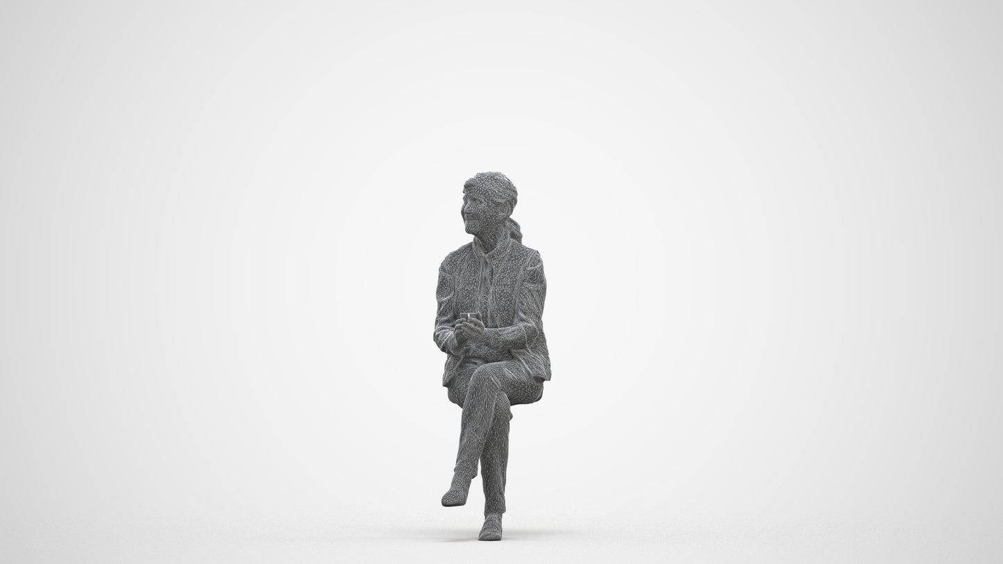 realistic 3D people senior woman casual sitting, render-ready for V-Ray and Corona, FBX OBJ, three-quarter front view render