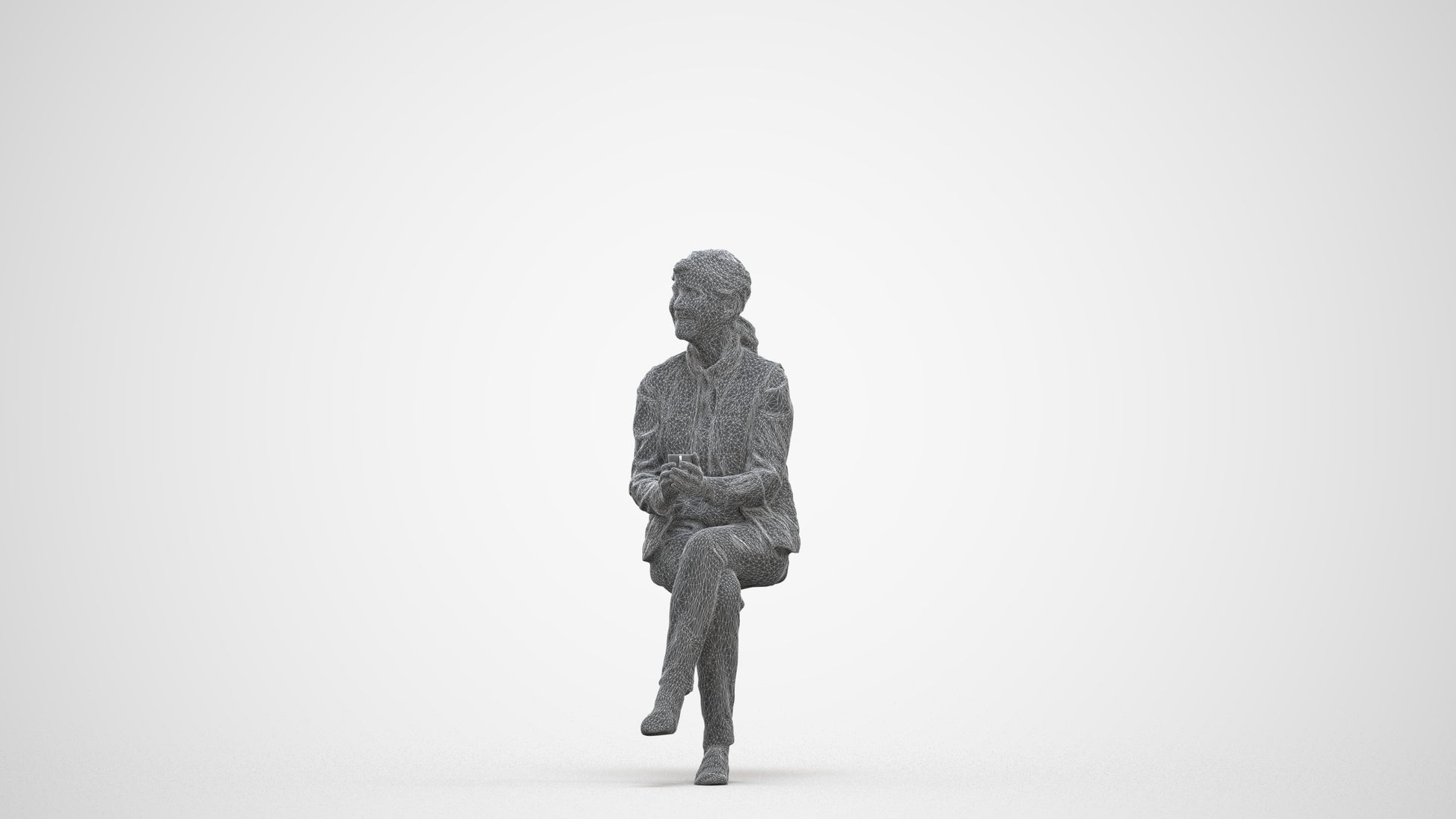 realistic 3D people senior woman casual sitting, render-ready for V-Ray and Corona, FBX OBJ, three-quarter front view render