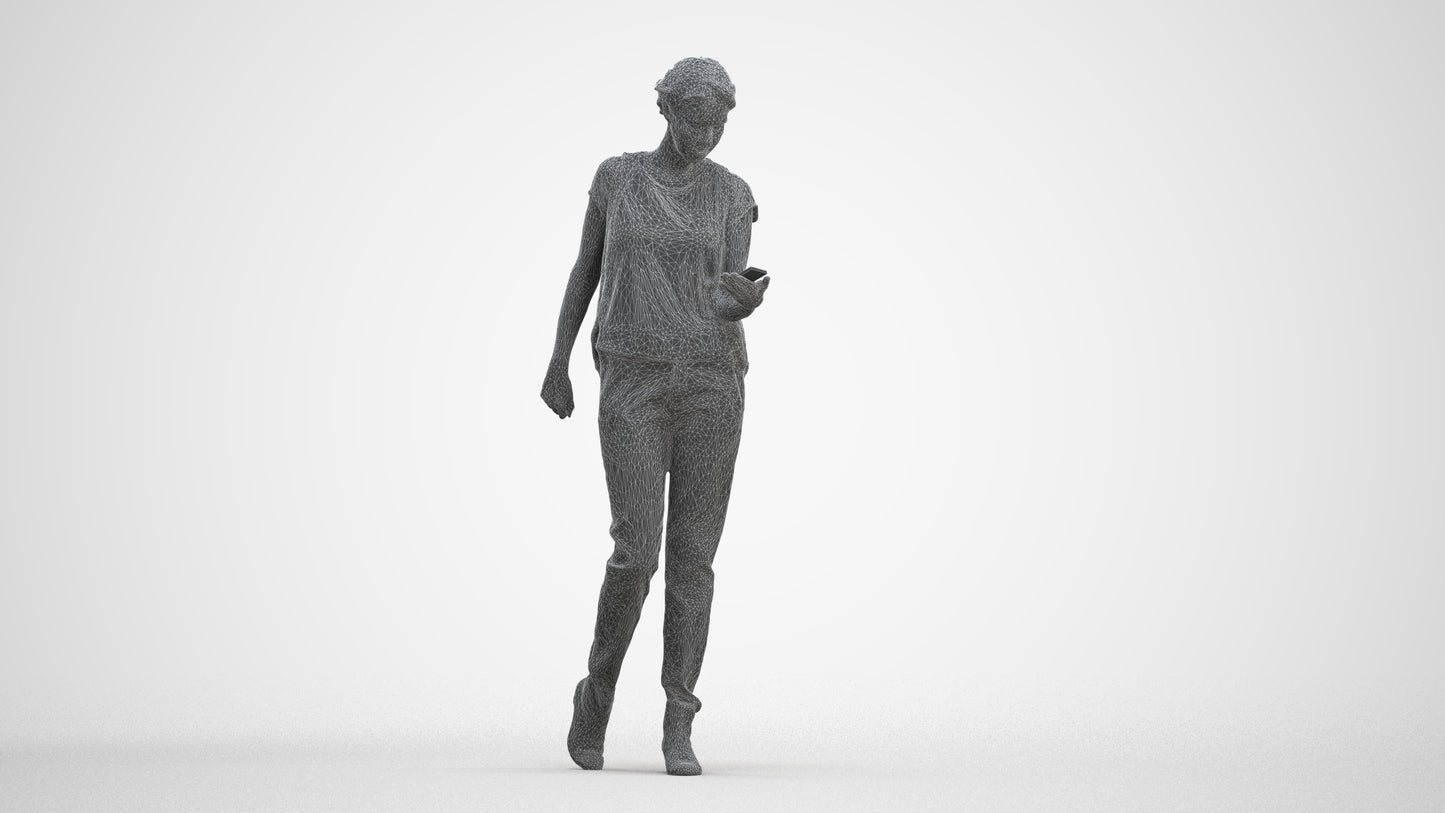 3D scanned woman standing casual, photorealistic archviz people for Enscape and SketchUp, three-quarter front view render