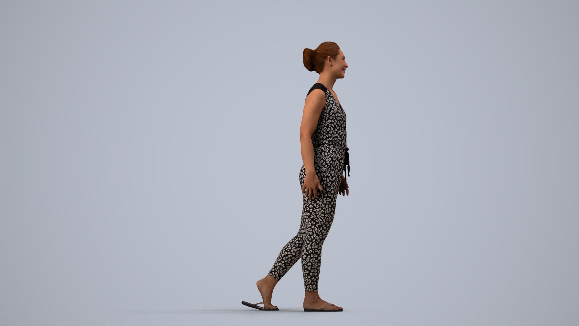 3D human model woman casual walking, photogrammetry scanned person for archviz, side view render