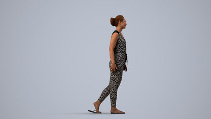3D human model woman casual walking, photogrammetry scanned person for archviz, side view render