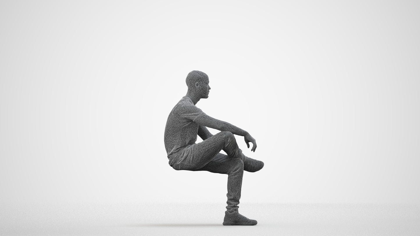 3D human model man casual sitting, photogrammetry scanned person for archviz, wireframe side view