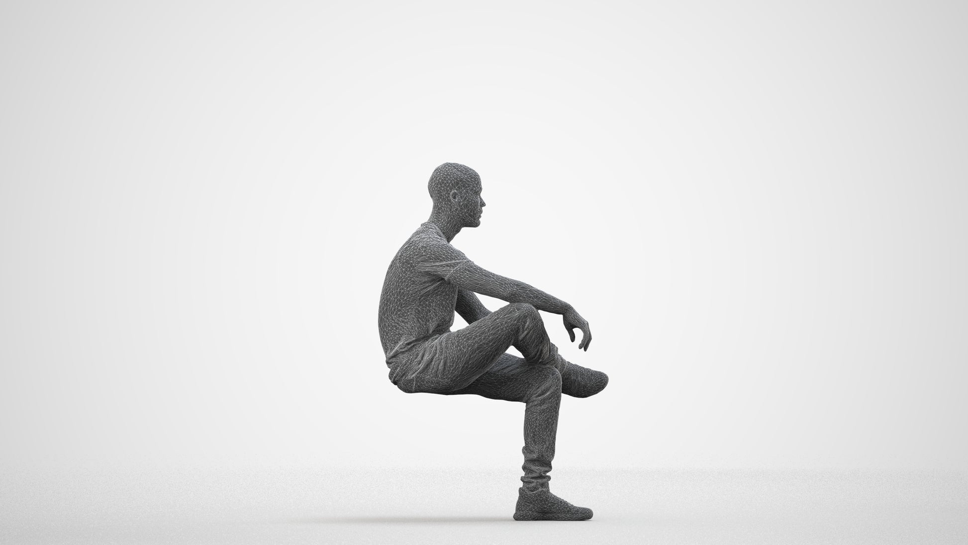 3D human model man casual sitting, photogrammetry scanned person for archviz, wireframe side view