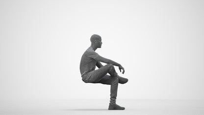3D human model man casual sitting, photogrammetry scanned person for archviz, wireframe side view