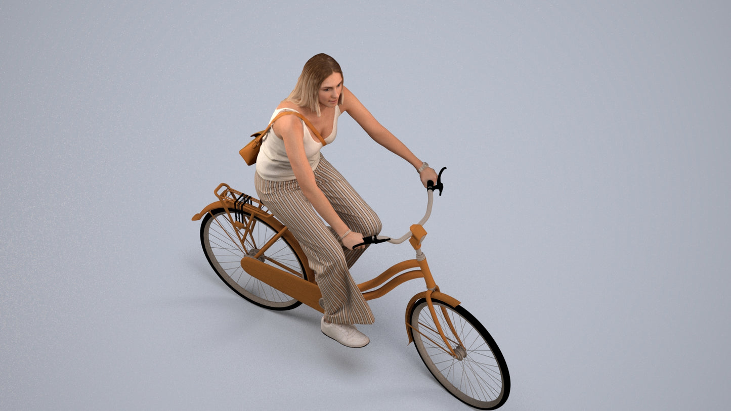 realistic 3D people woman casual cycling, render-ready for V-Ray and Corona, FBX OBJ, back view render