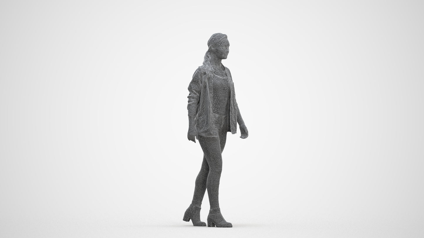 realistic 3D woman casual walking, scanned archviz people for Blender and 3ds Max, three-quarter front view render
