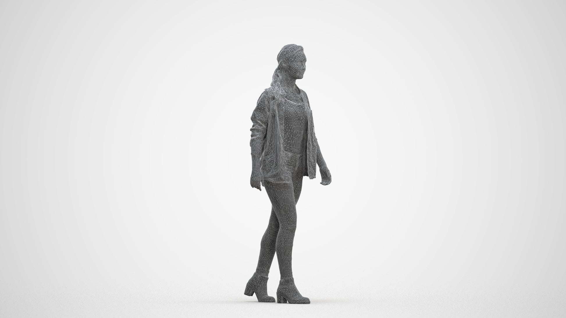 realistic 3D woman casual walking, scanned archviz people for Blender and 3ds Max, three-quarter front view render